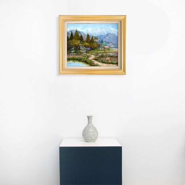 油彩画 松本弘 「里の民家」 F8号 油絵 額入り 風景画 真筆 肉筆画