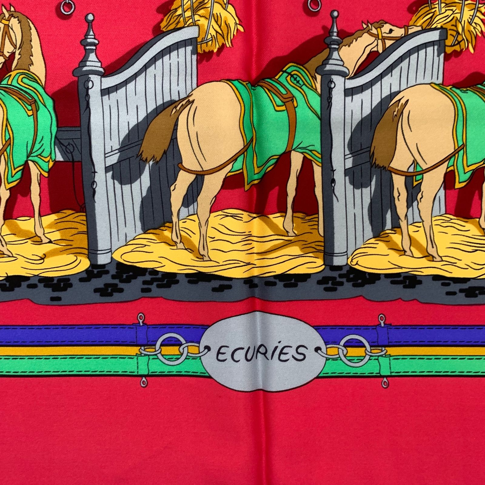 美品 HERMES エルメス カレ90 ECURIES 厩舎 馬柄 スカーフ シルク100