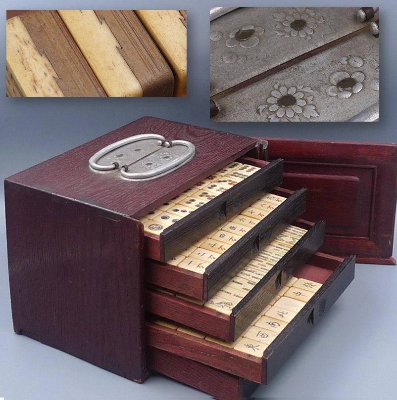 割引 中国 竹嵌 骨牌 背竹牌 麻雀牌 唐木箱付 M 8054 中国竹嵌骨牌背竹