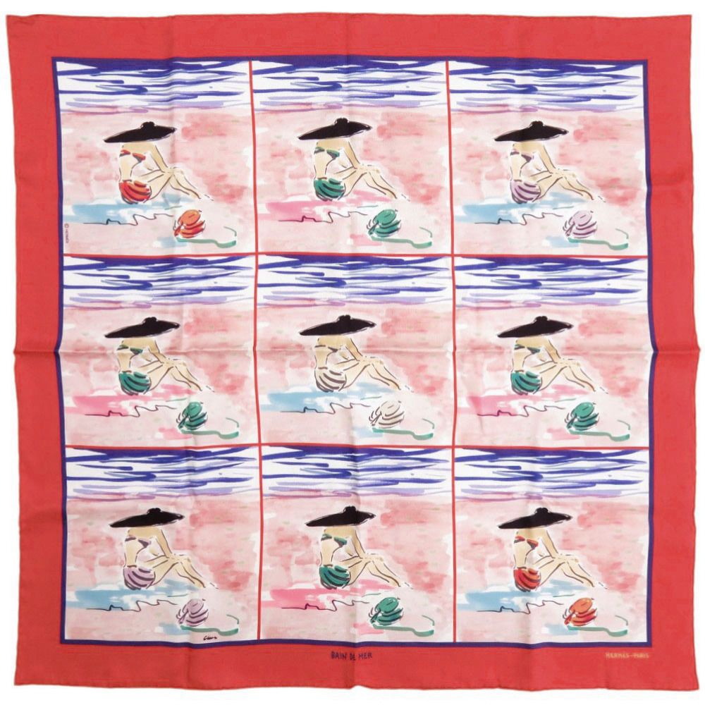 美品 エルメス カレ70 BAIN DE MER 海水浴 シルク マルチカラー