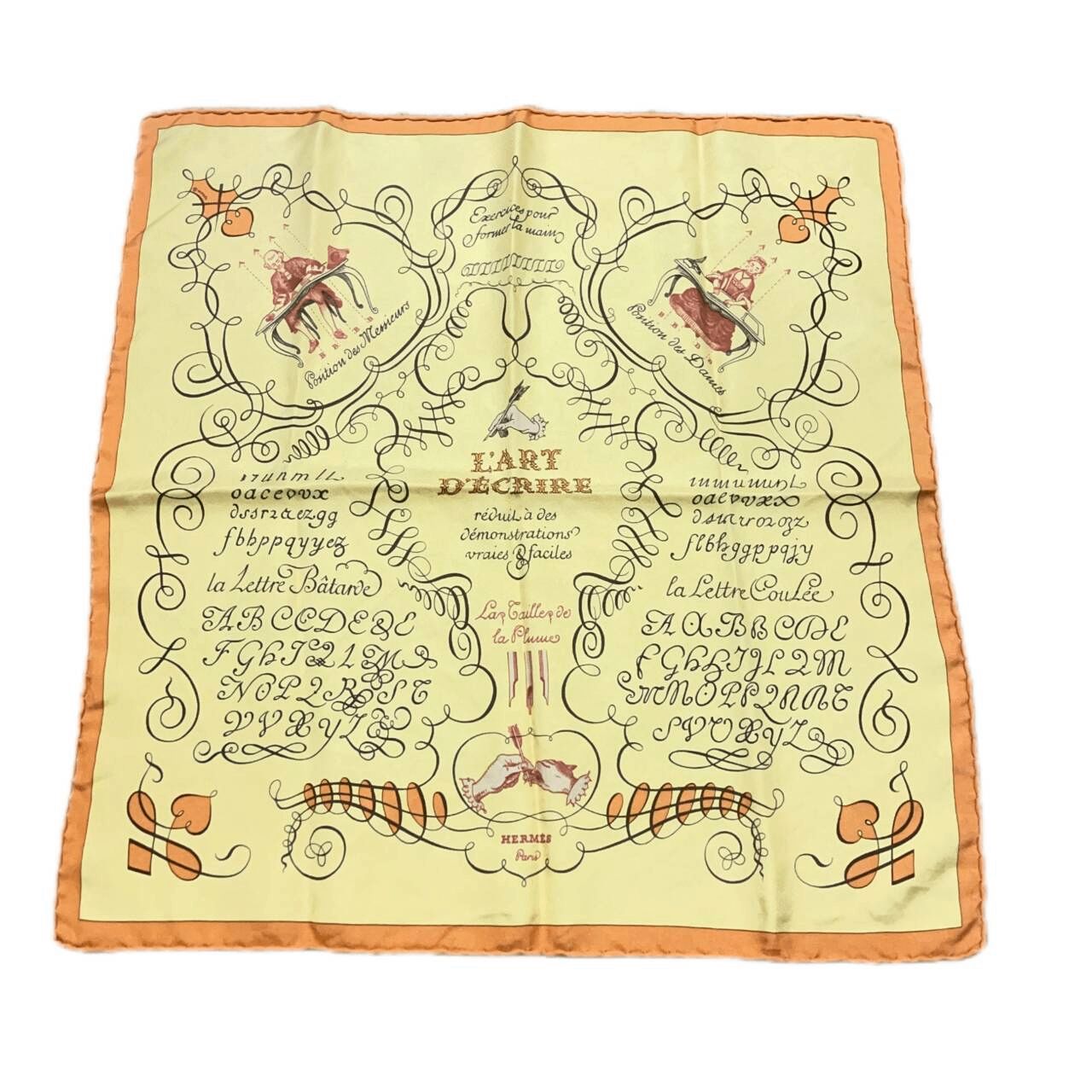 美品 HERMES エルメス カレ45 LART DECRIRE 書の芸術 イエロー シルク