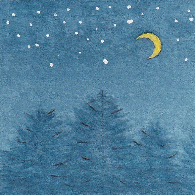 日本画原画】夜の森と三日月 絵画 ミニ額付き ミニアートパネル