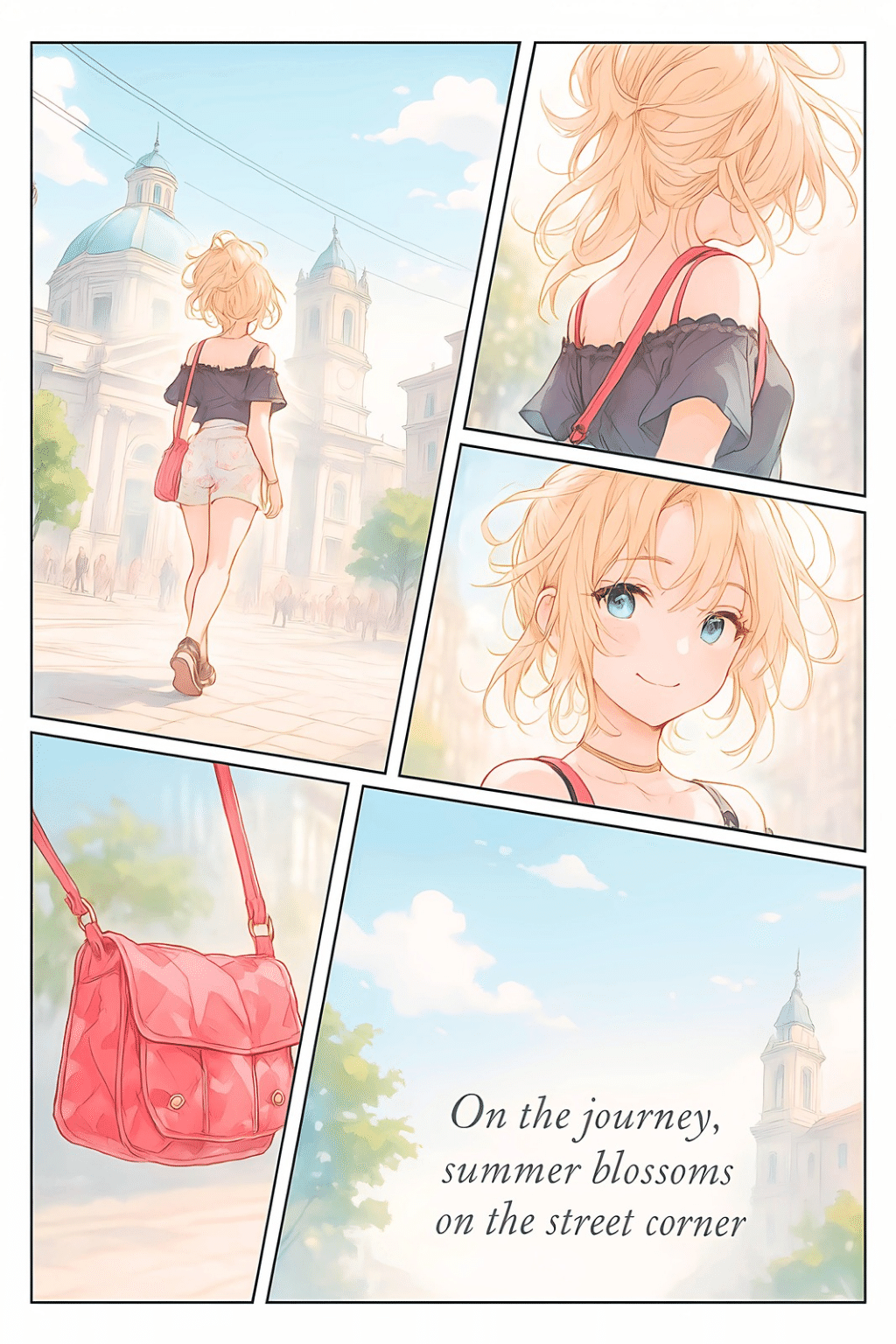 旅路にて、街角に咲く夏【画像生成AI＋4コマ漫画】｜Alpaka