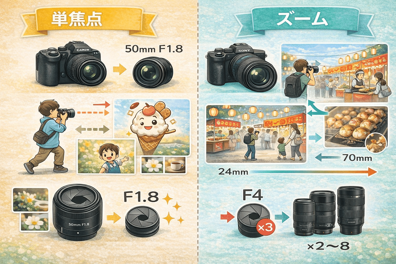 単焦点レンズとズームレンズの違いを図解で解説｜初心者はどっちを選ぶ