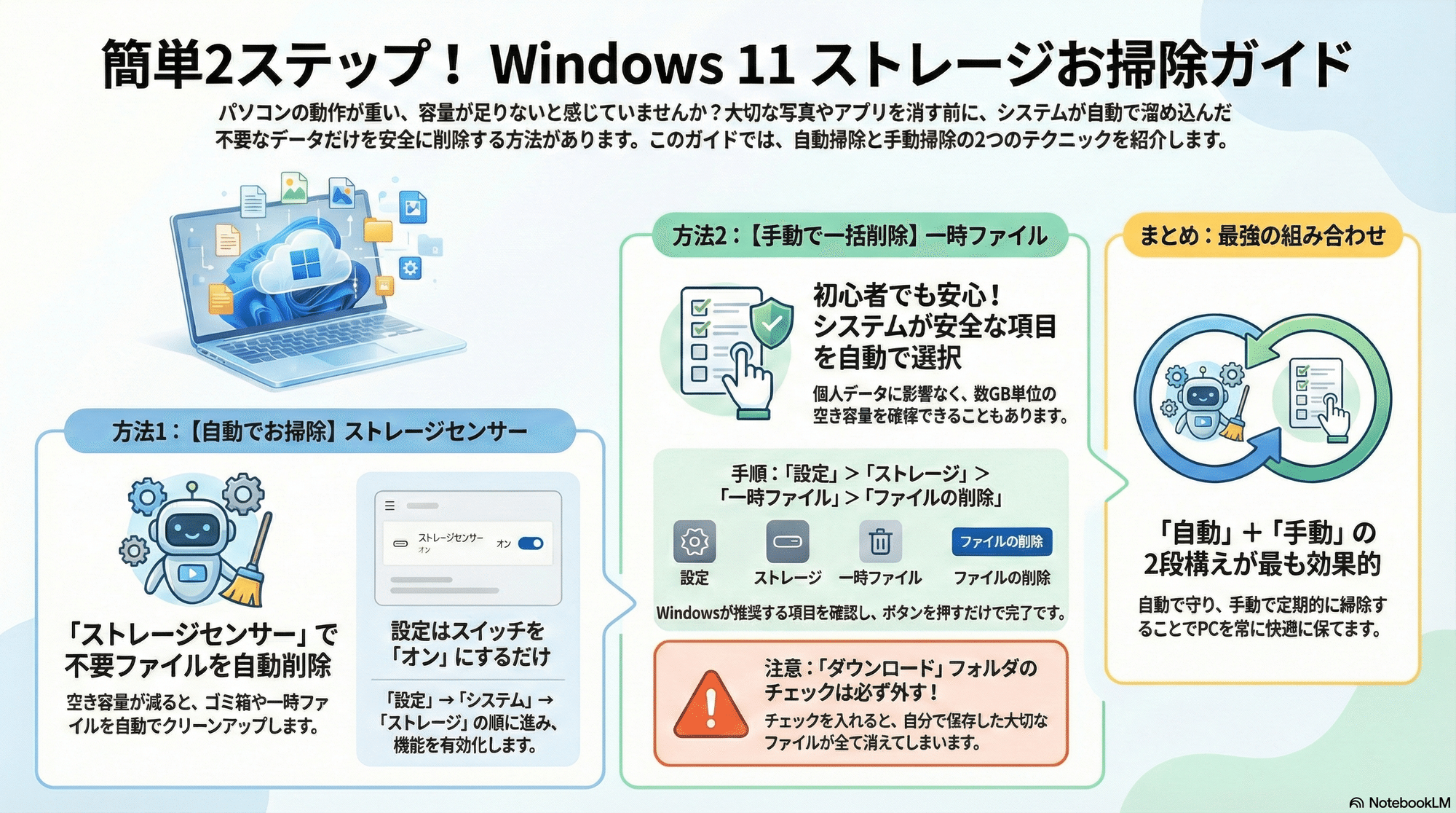 Windows 11のストレージ容量不足を解消！「一時ファイル」一括削除と