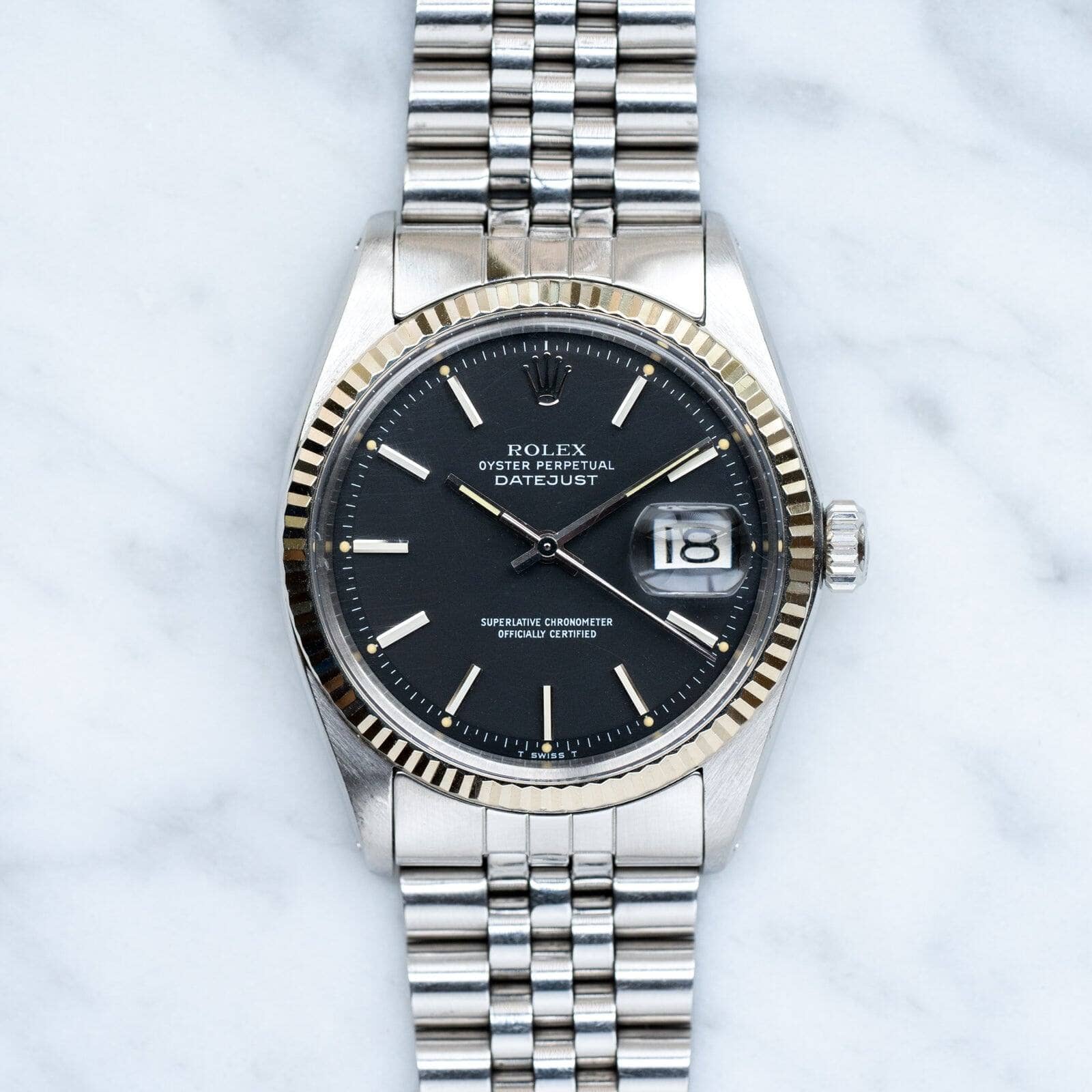 ロレックス デイトジャスト 1601 マットブラックダイアル 保証書付き