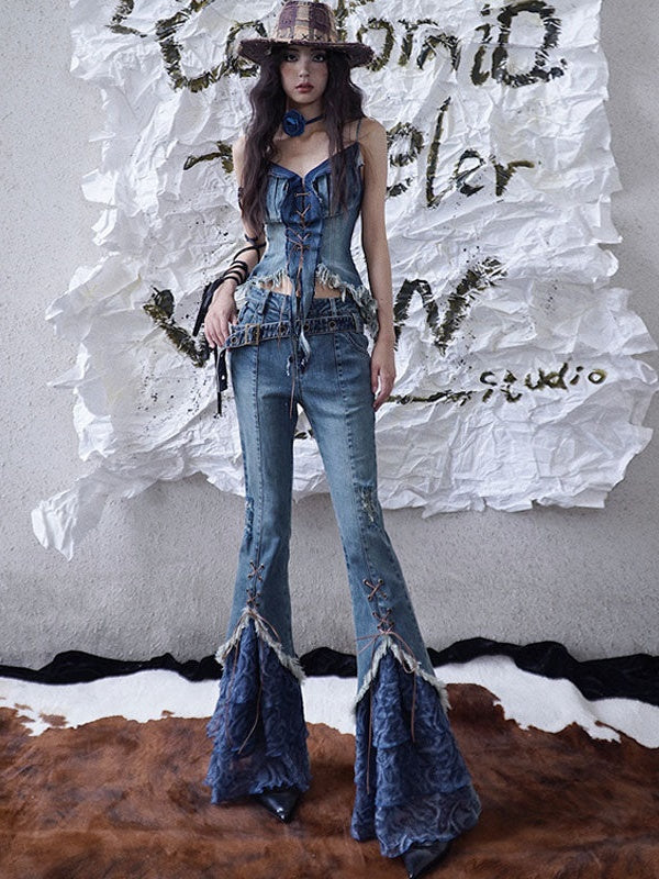 Splicing Lace-Up Flare Jeans – ARCANA ARCHIVE