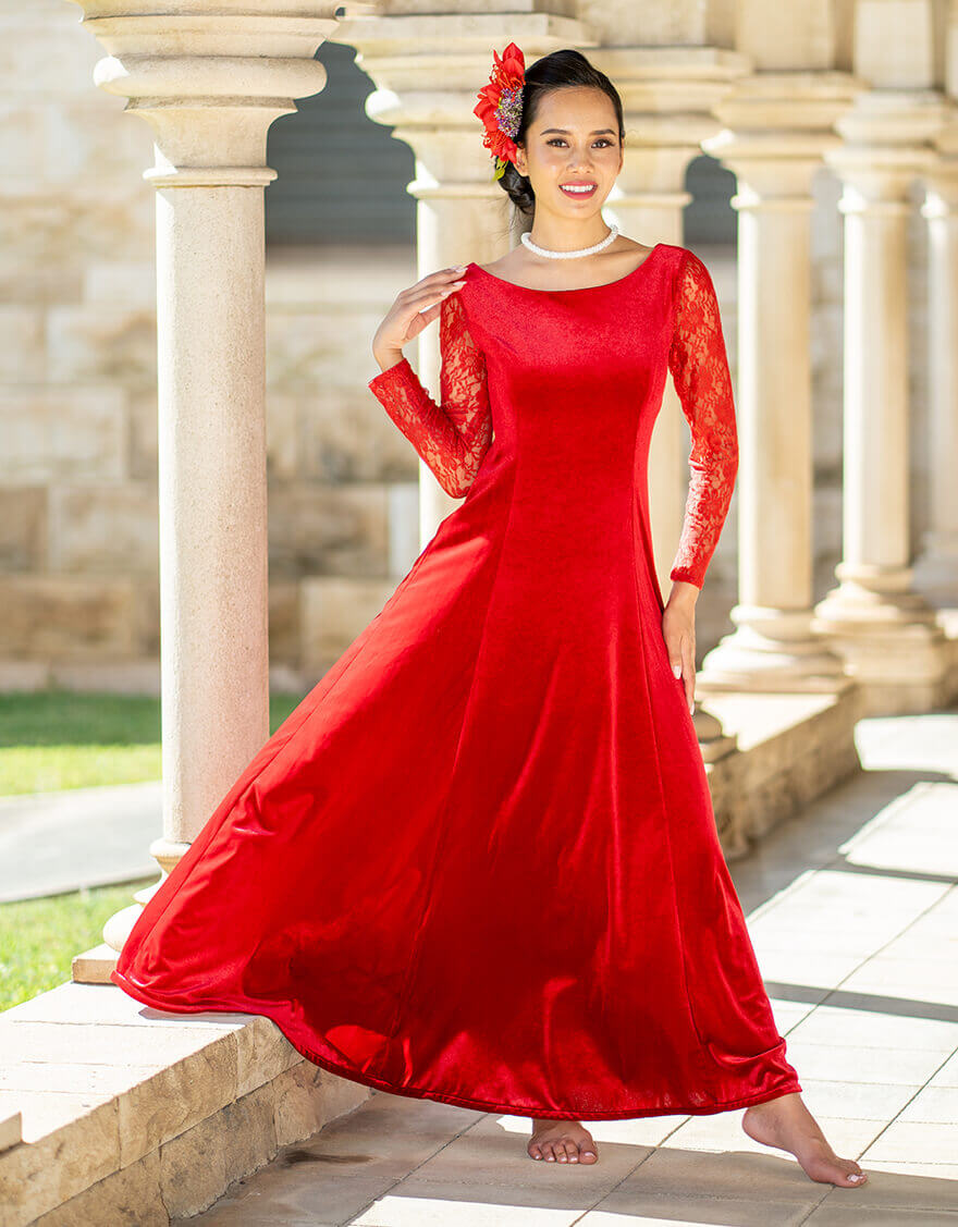 レースロングスリーブベロアドレス（レッド） – 【公式】フラダンス