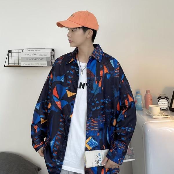 ブルー×オレンジ 幾何学プリント 長袖シャツ – ArrrT