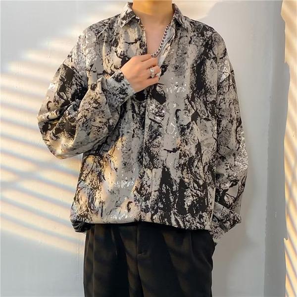 グレー×ブラック マーブルプリント シャツ – ArrrT