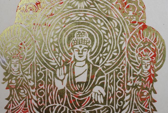 型絵染彩色仏画 釈迦三尊 – 京都室町御池の美術商村山