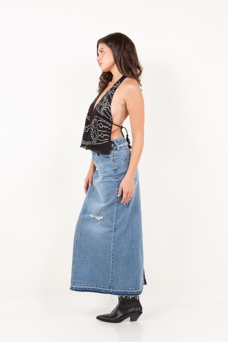Raven Denim Maxi Skirt Frayed Waistband w/ Slit Detail – Artemis