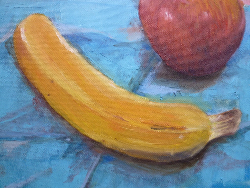 ユキコちゃんの初油彩画・リンゴとバナナと青い布