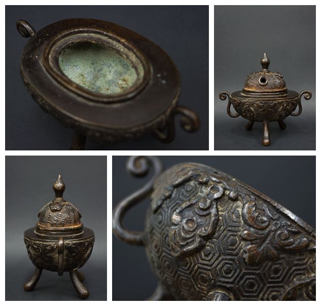 香炉⁄香器『高岡銅器平型香炉波鶴⁄焼青銅色銅製・