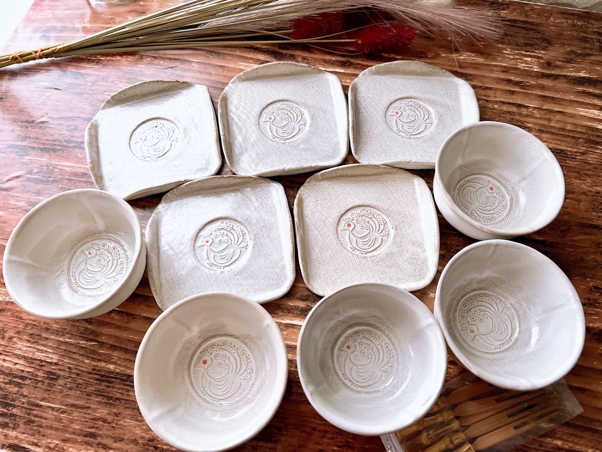 丹波 立杭焼】日本六古窯 雅峰窯 孔雀文様 湯呑と皿の10点セット 竹