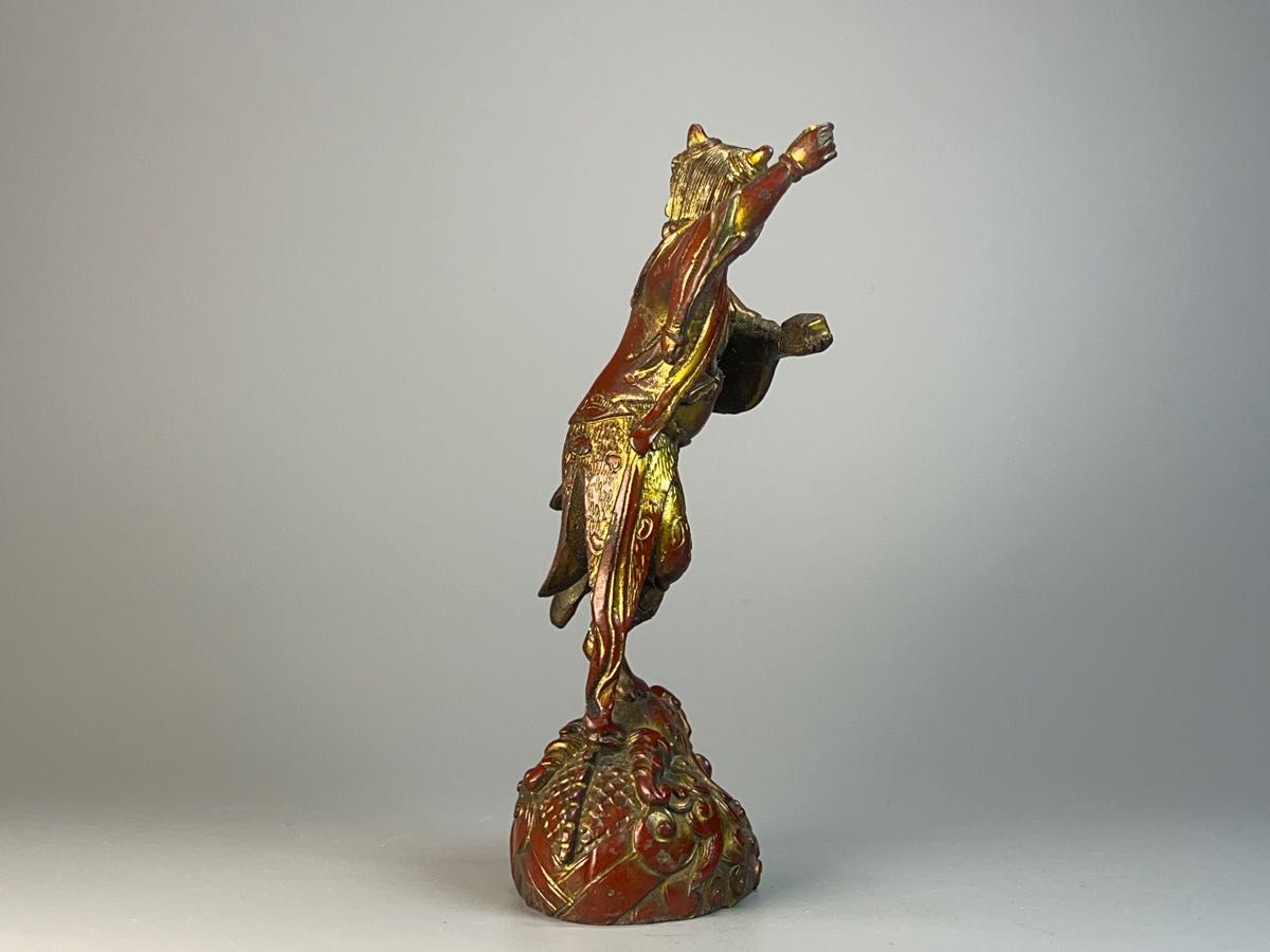 時代物 銅胎 漆器 朱漆金箔 魁星点斗 独立鰲頭（学業有成）吉祥置物