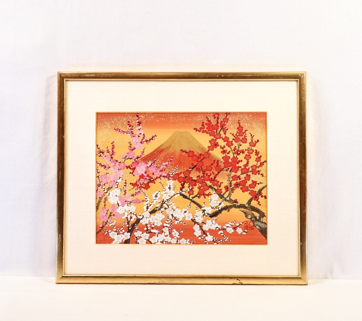 Yahoo!オークション - 真作 あいはら友子 日本画「赤富士と三色梅」画