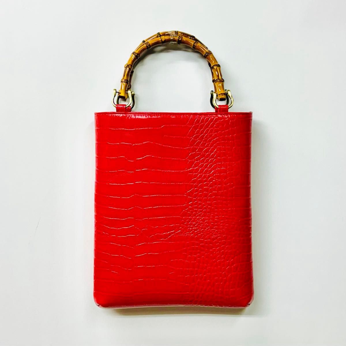 新品 牛革クロコ型押し バンブー手提げ（大）赤色 竹手バッグ神輿祭り