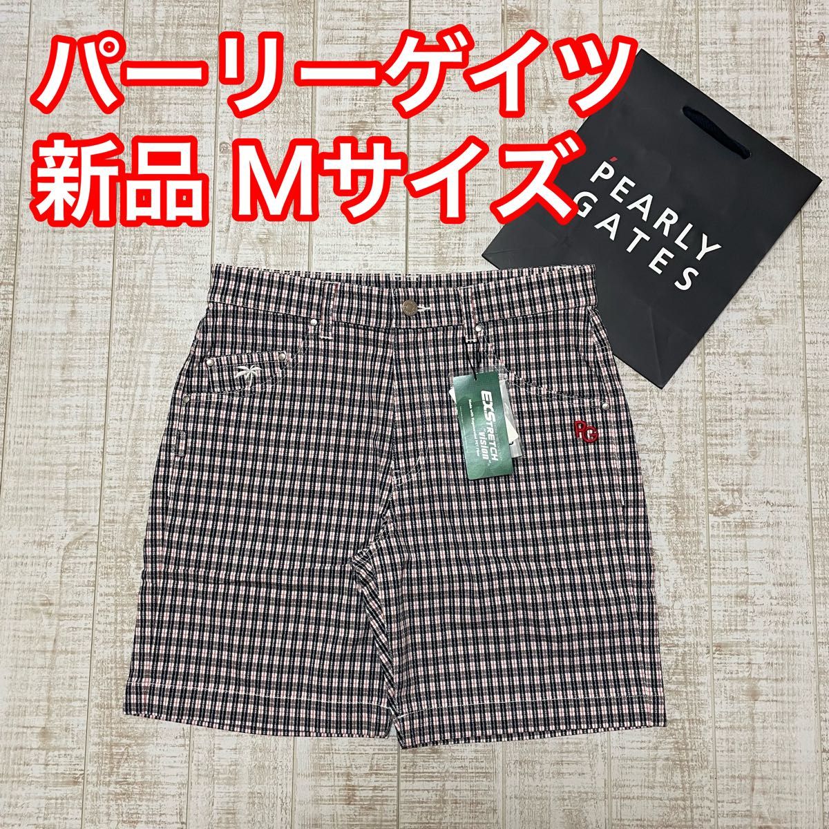 新品 パーリーゲイツ ハーフパンツ チェック柄 赤黒 Mサイズ（4