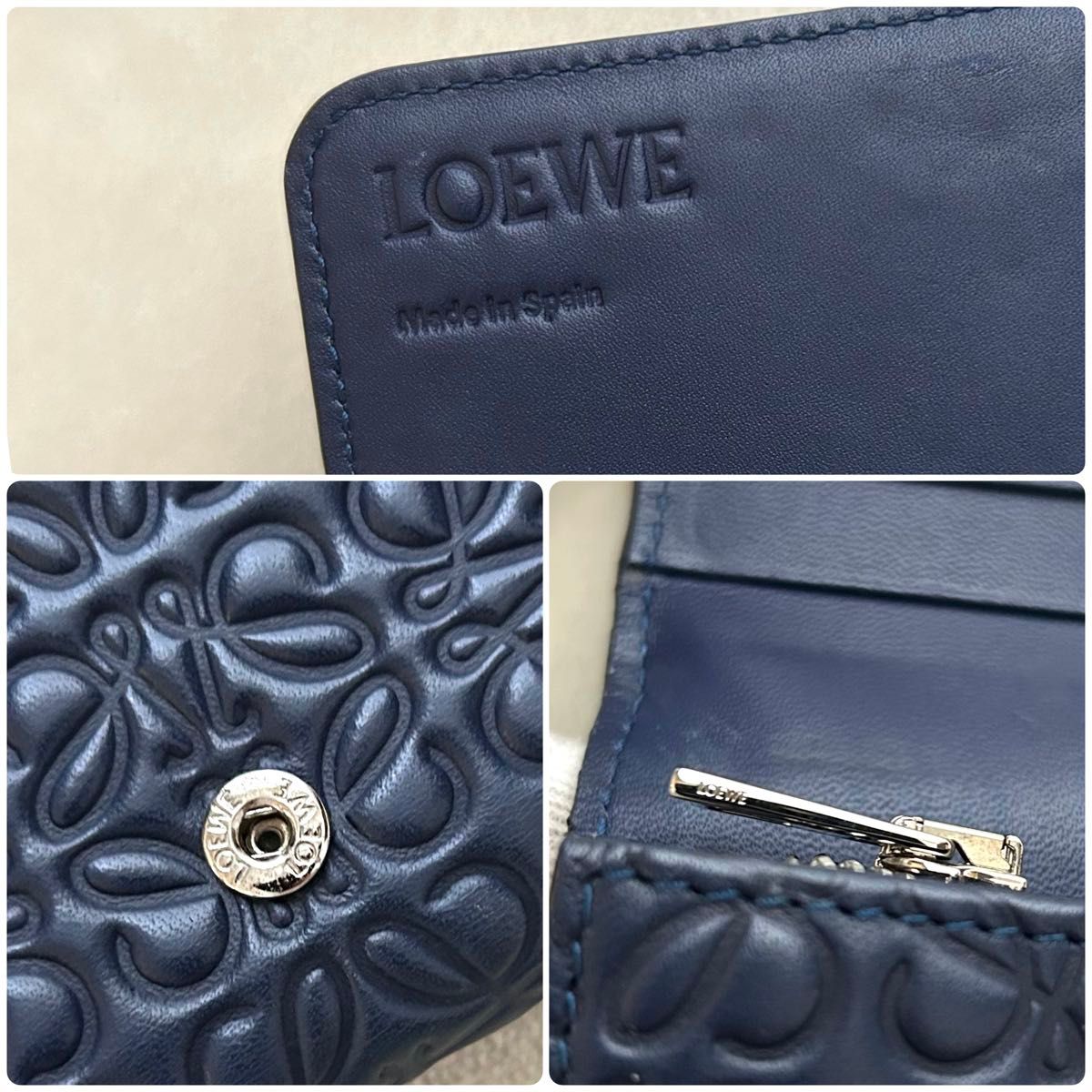 美品 LOEWE ロエベ 長財布 アナグラム 型押し 総柄 レザー ロゴ 紺色