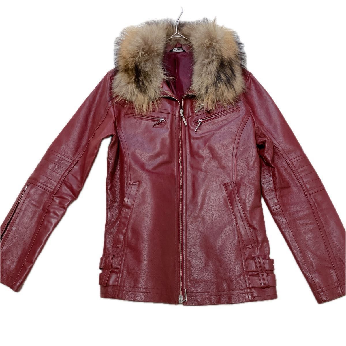 A S M レザー ジャケット 赤 ファー付き シングルライダース 豚革