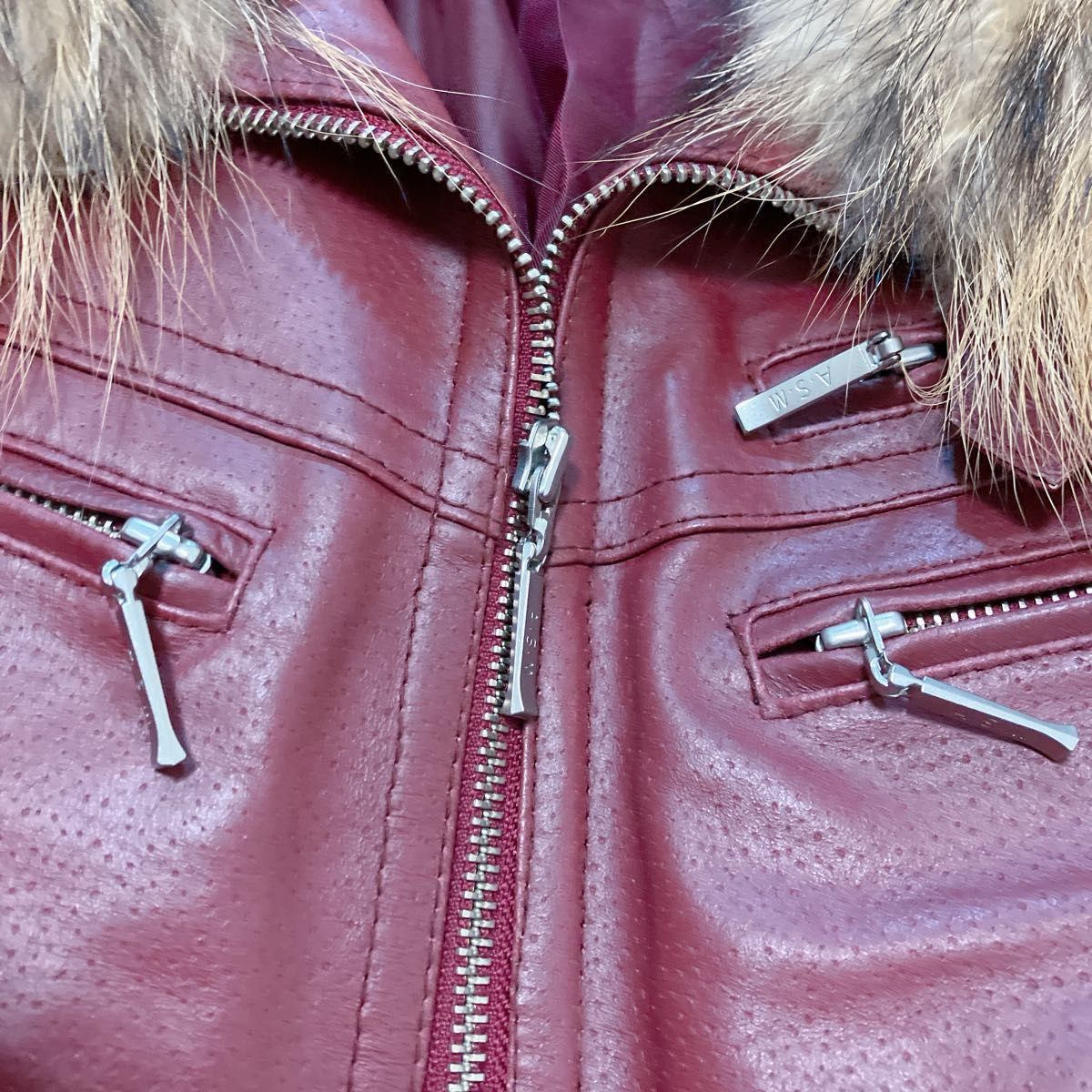 A S M レザー ジャケット 赤 ファー付き シングルライダース 豚革
