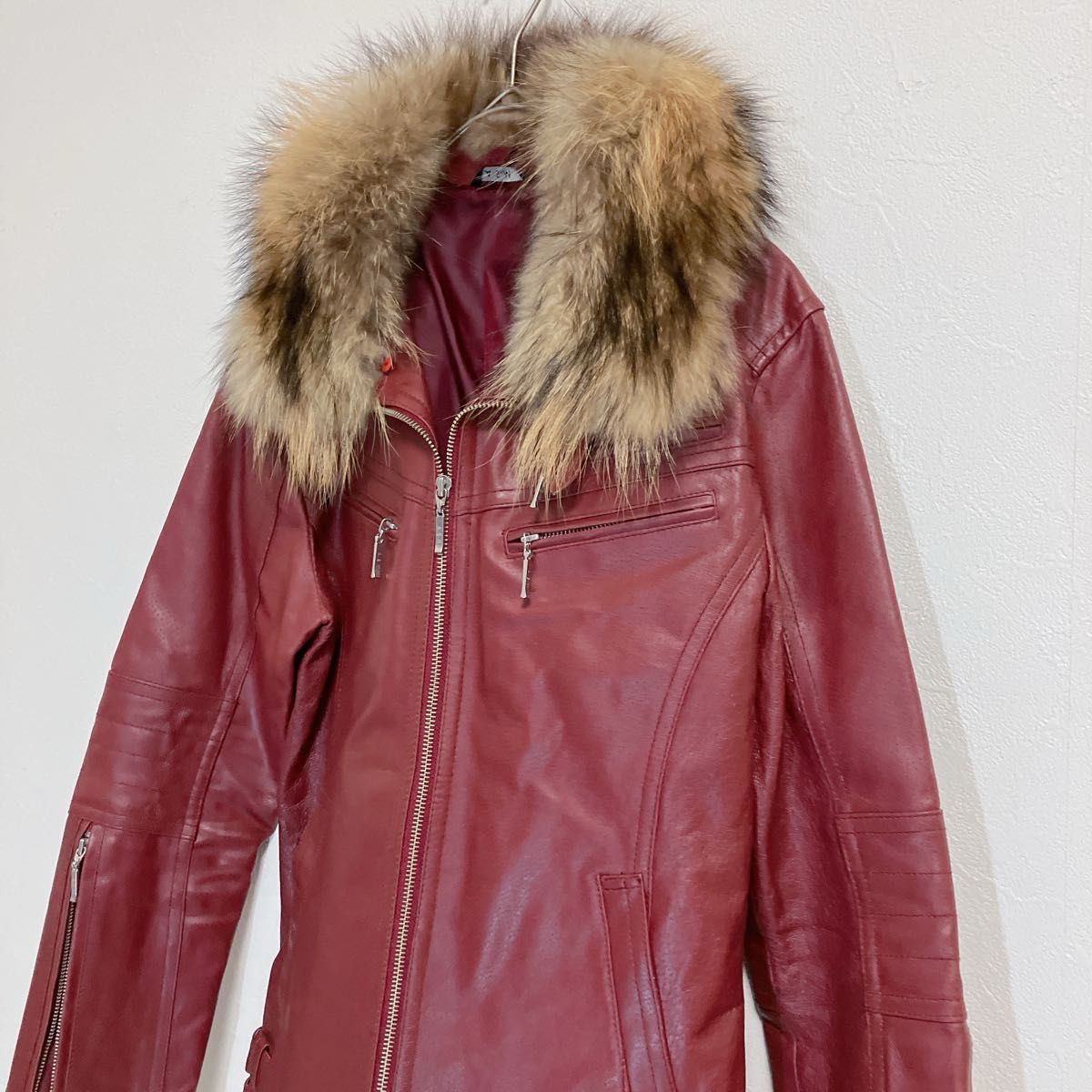 A S M レザー ジャケット 赤 ファー付き シングルライダース 豚革