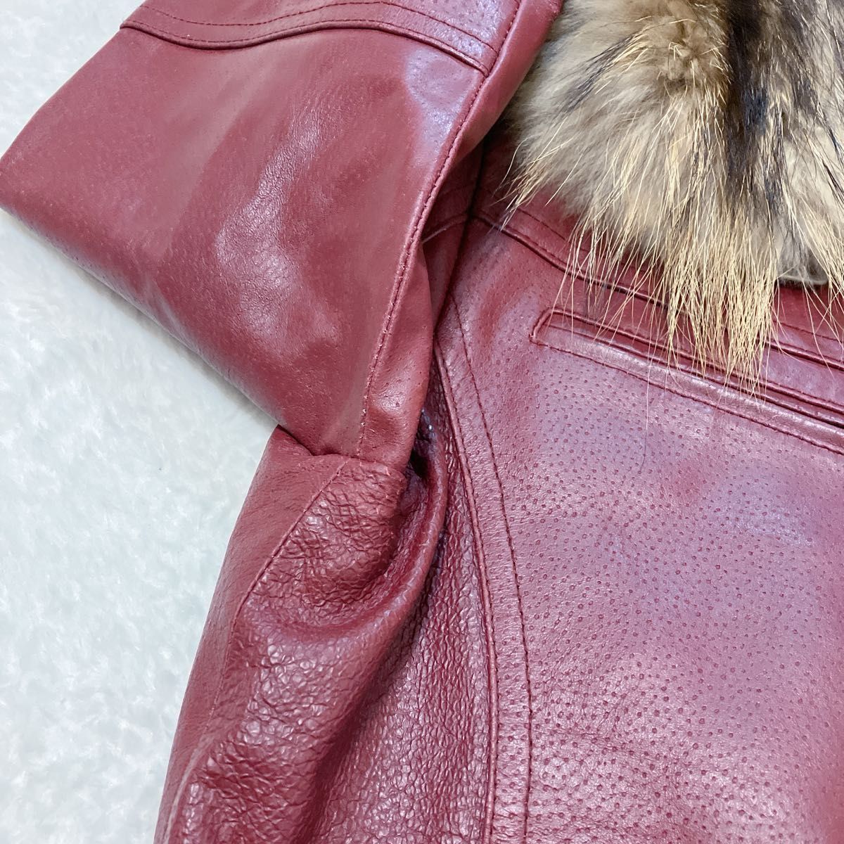 A S M レザー ジャケット 赤 ファー付き シングルライダース 豚革