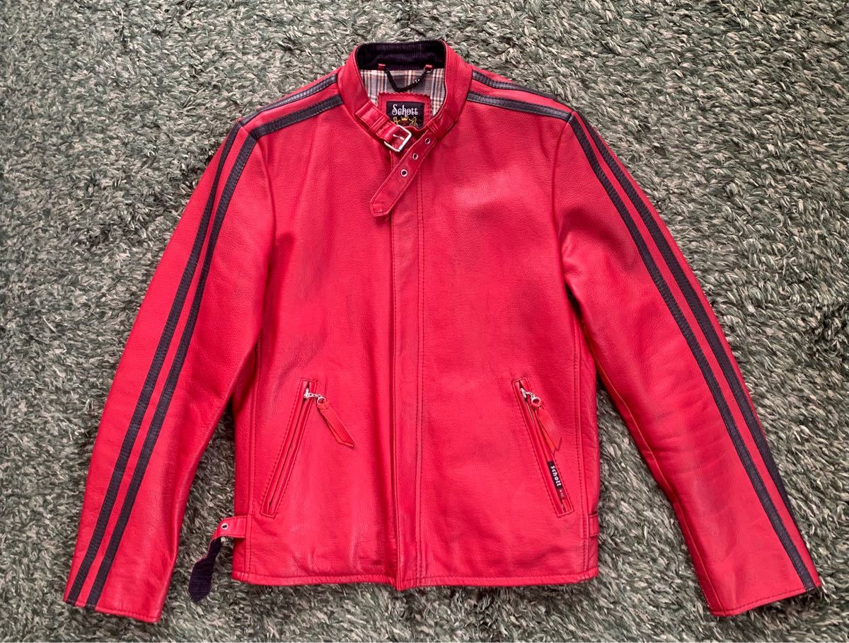 schottショット シングルライダース 赤裏地チェック サイズS 数回着用