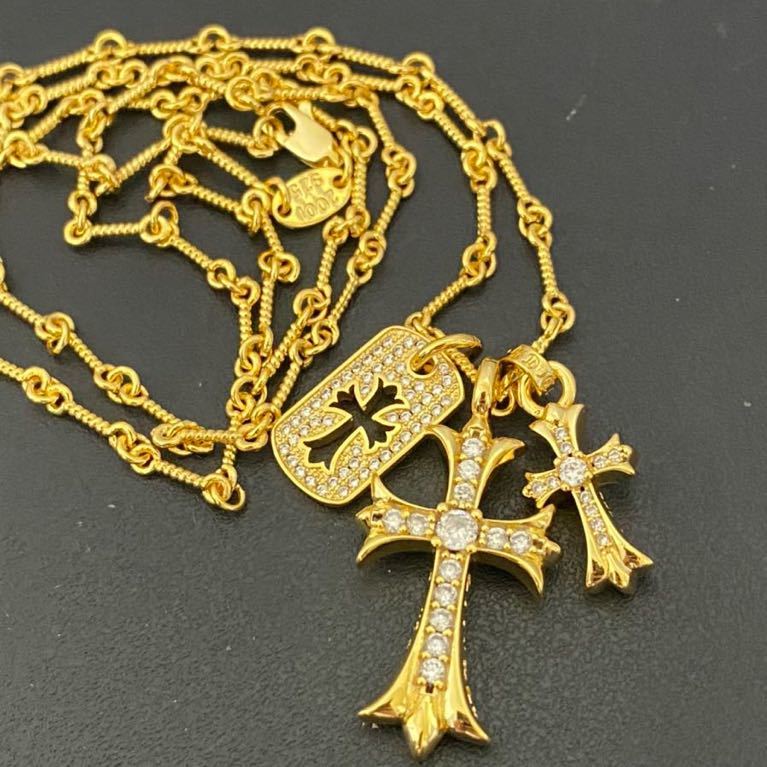 Yahoo!オークション - ゴールド 3連クロスネックレス ツイストチェーン