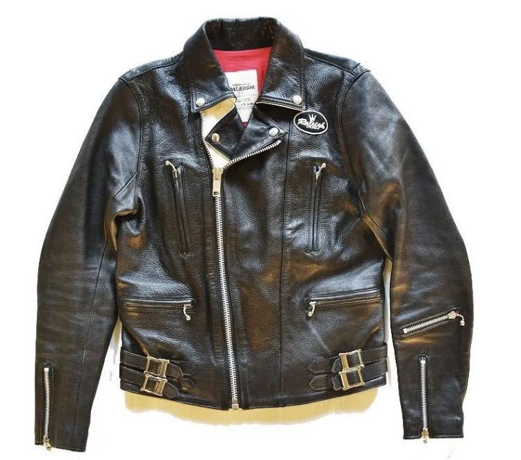 RALEIGH ラリー 本革レザー ダブルライダースジャケット 黒×白 34