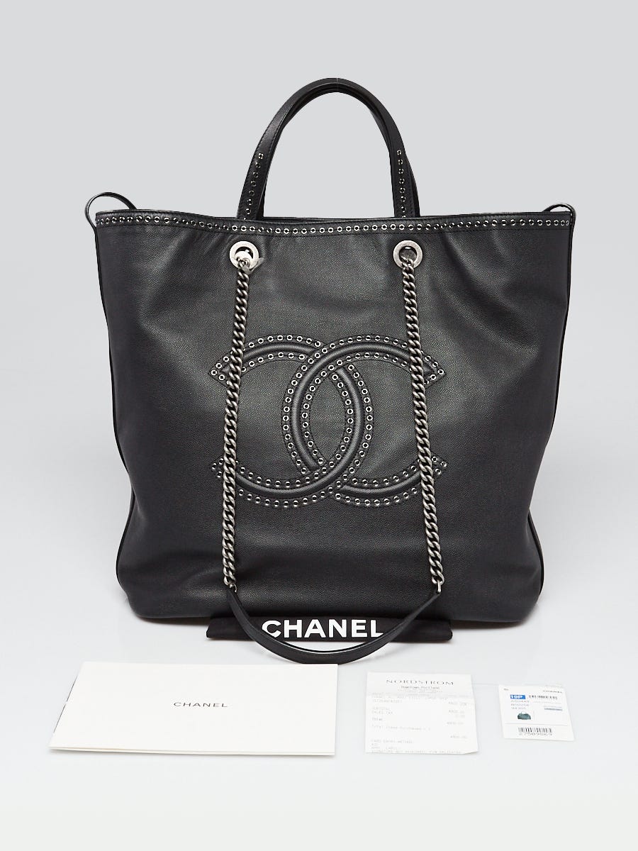 Chanel Black Calfskin Leather Coco Eyelets Large Shopping Tote Bag