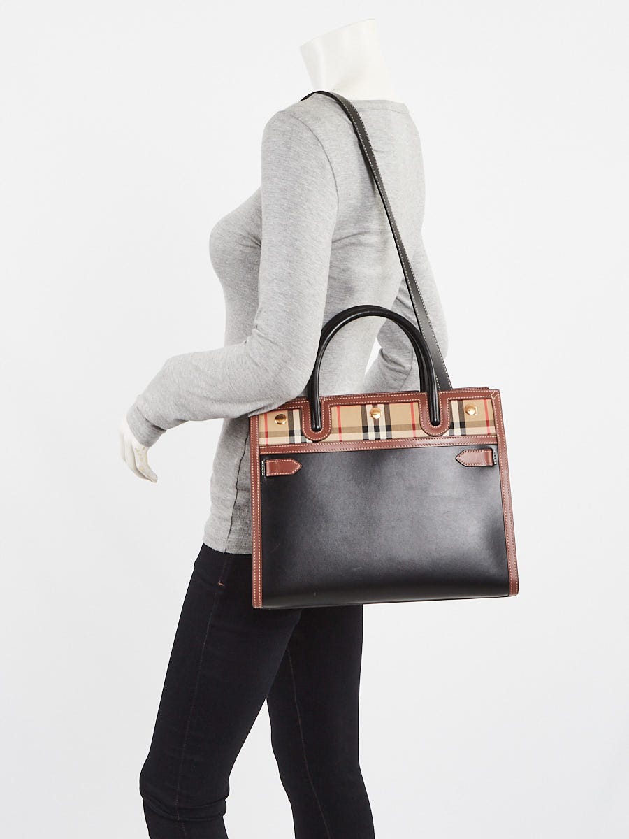 Burberry Black Leather Vintage Check Canvas Medium Title Tote Bag