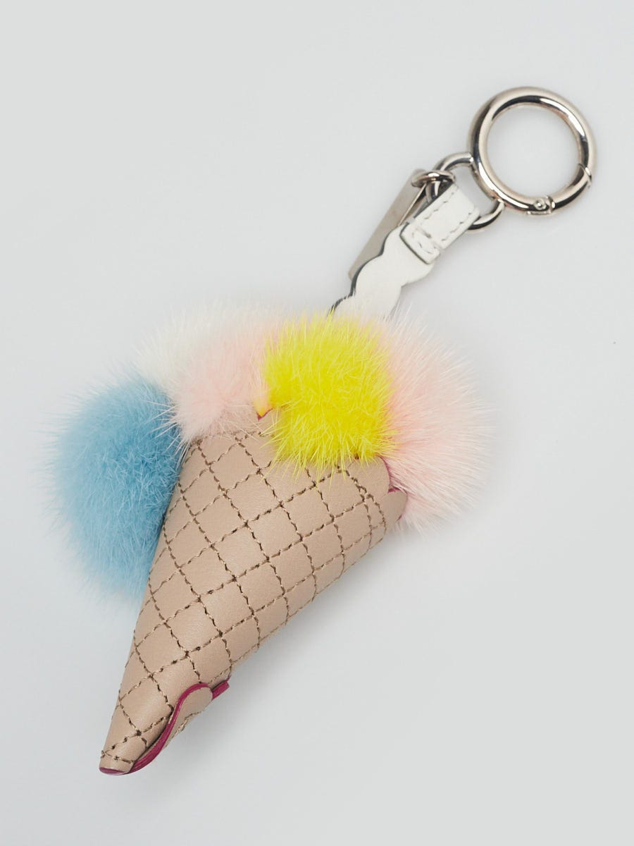 Fendi Silvertone Metal Multicolor Mink Fur Ice Cream Key Holder