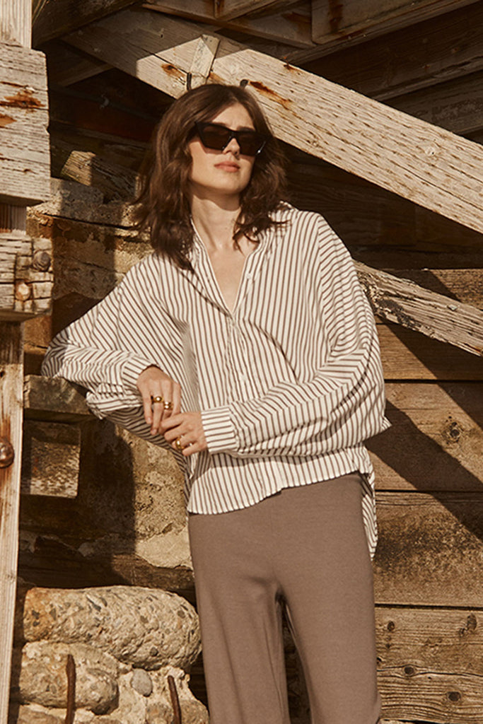 Stateside 80's Poplin Stripe Dolman Shirt in Twig | Bailey/44