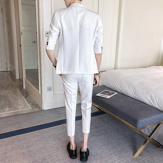 予約販売】メンズ セットアップ スーツ 無地 クロップドパンツ 七分袖