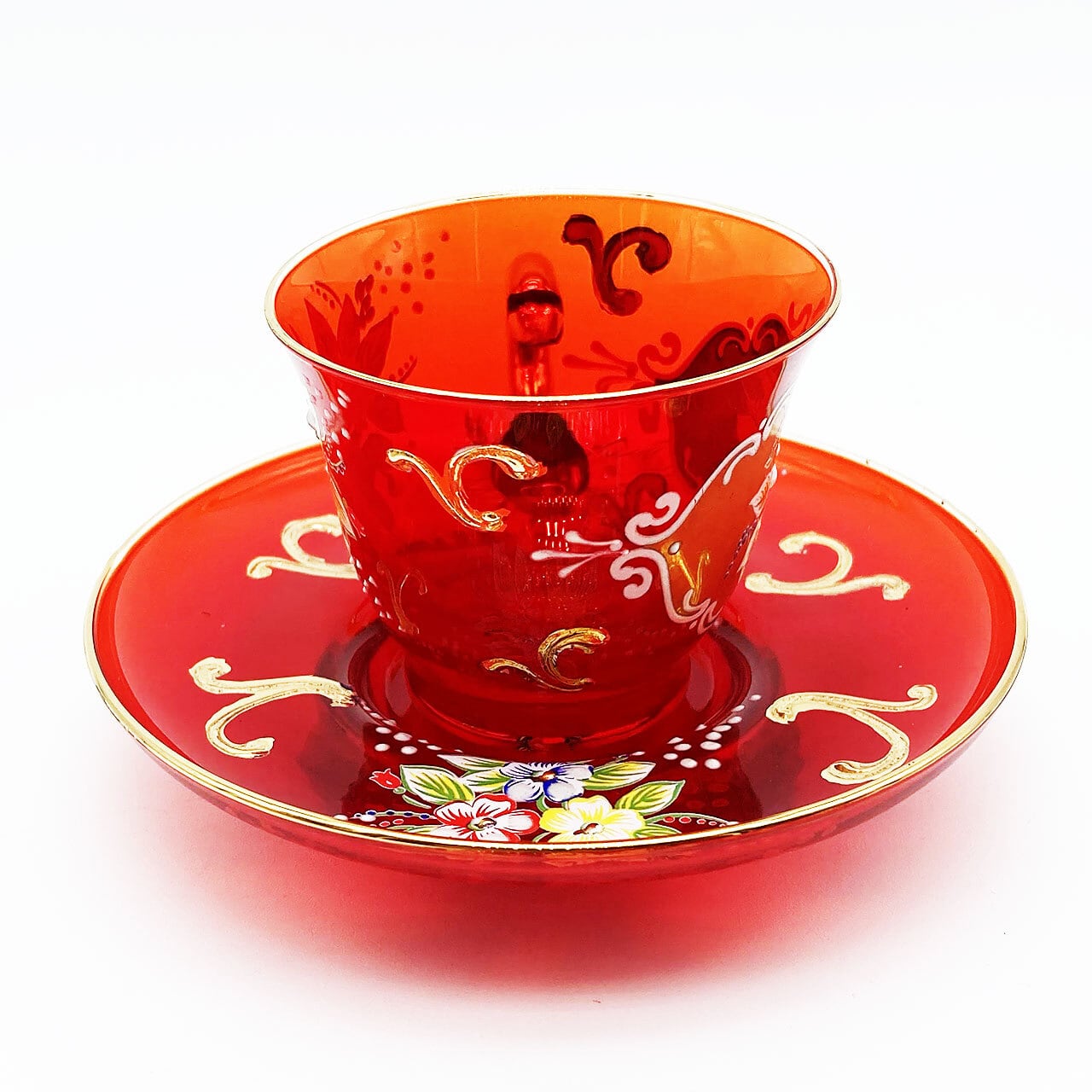 ベネチアングラス ムラノ イタリア カップ＆ソーサー レッド 金彩 花紋