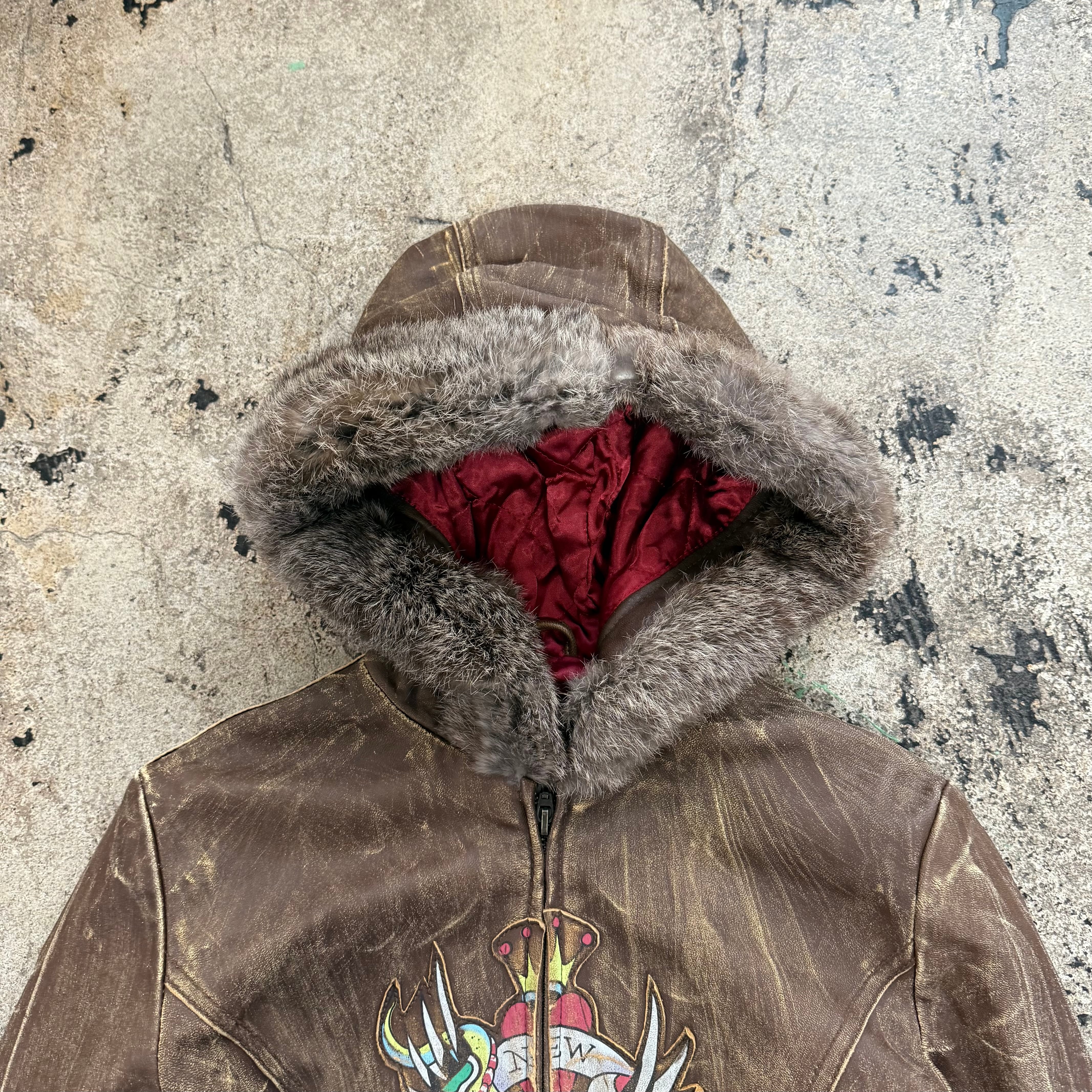 00s ED HARDY FUR HOODED LEATHER JACKET | GALAXIES