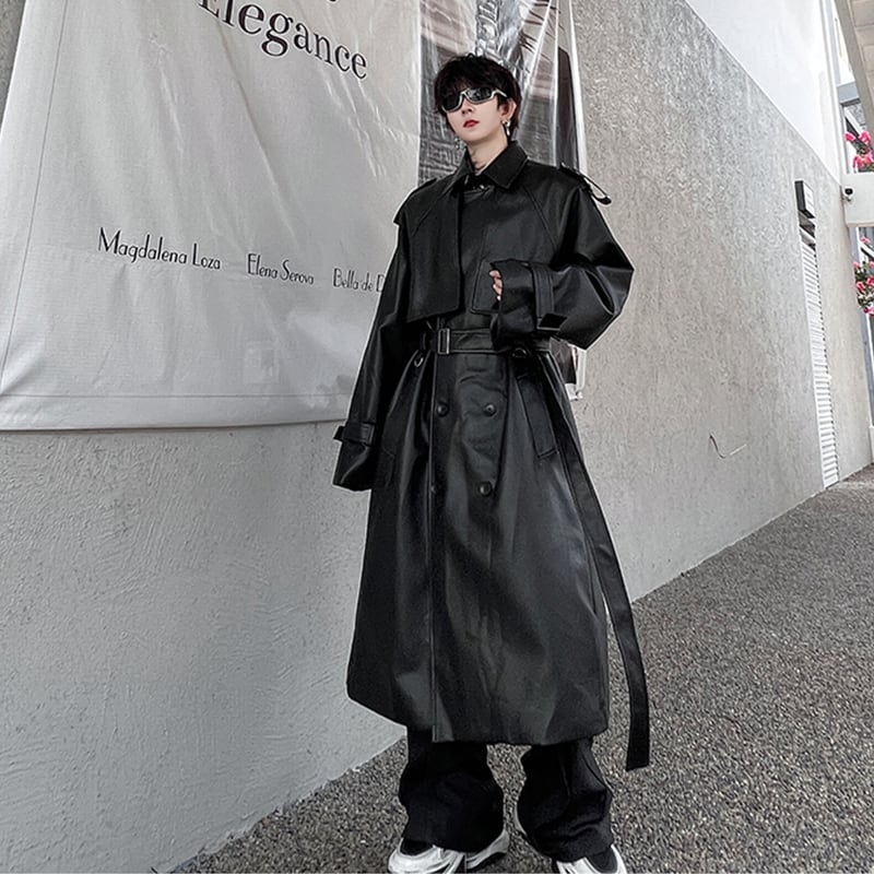 ベルト付きブラックレザートレンチコート | Pay ID