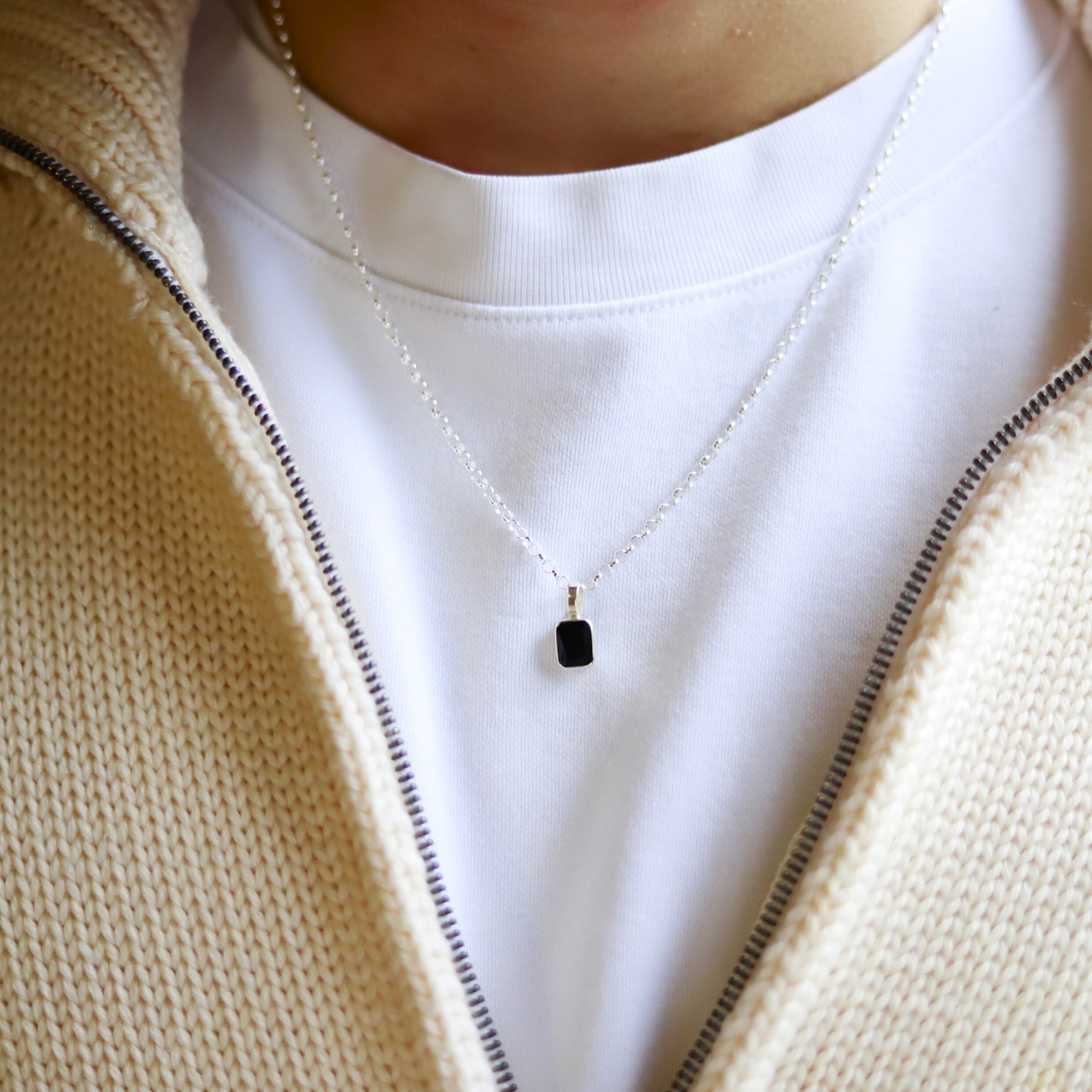 F.H. シルバーネックレス（レクタングルオニキス ペンダント）：＃N041