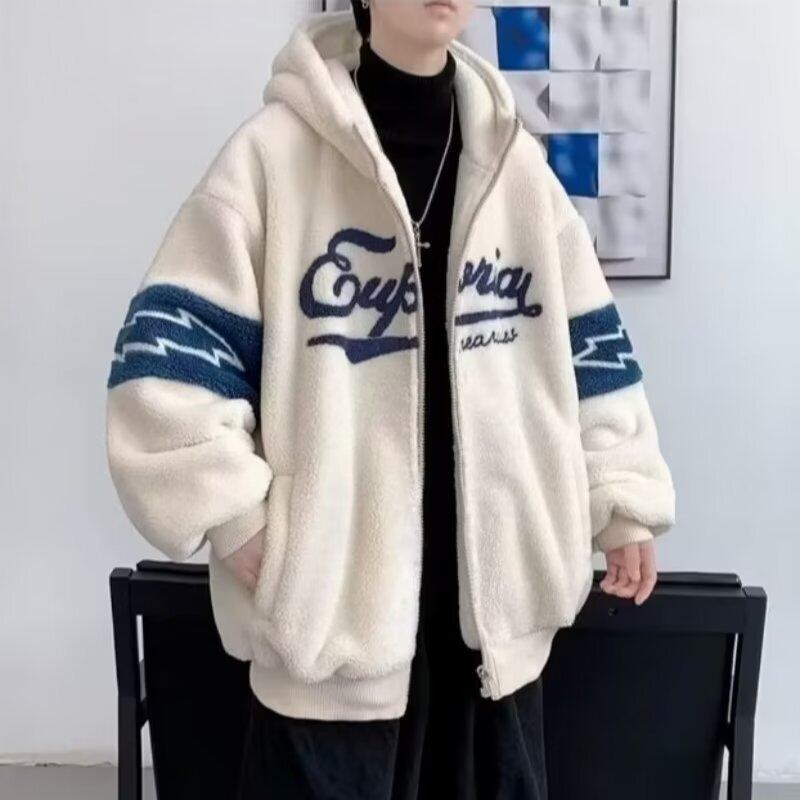 ラムフリースジャケット男性冬肥厚バージョンパーカートレンド Y2k