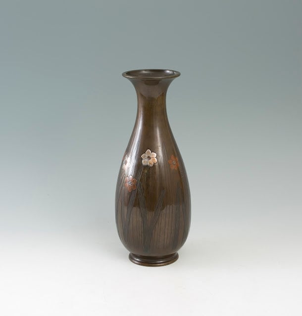 古銅 水仙 花瓶 花器 金工 彫金 象嵌 明治工芸 明治金工 無銘