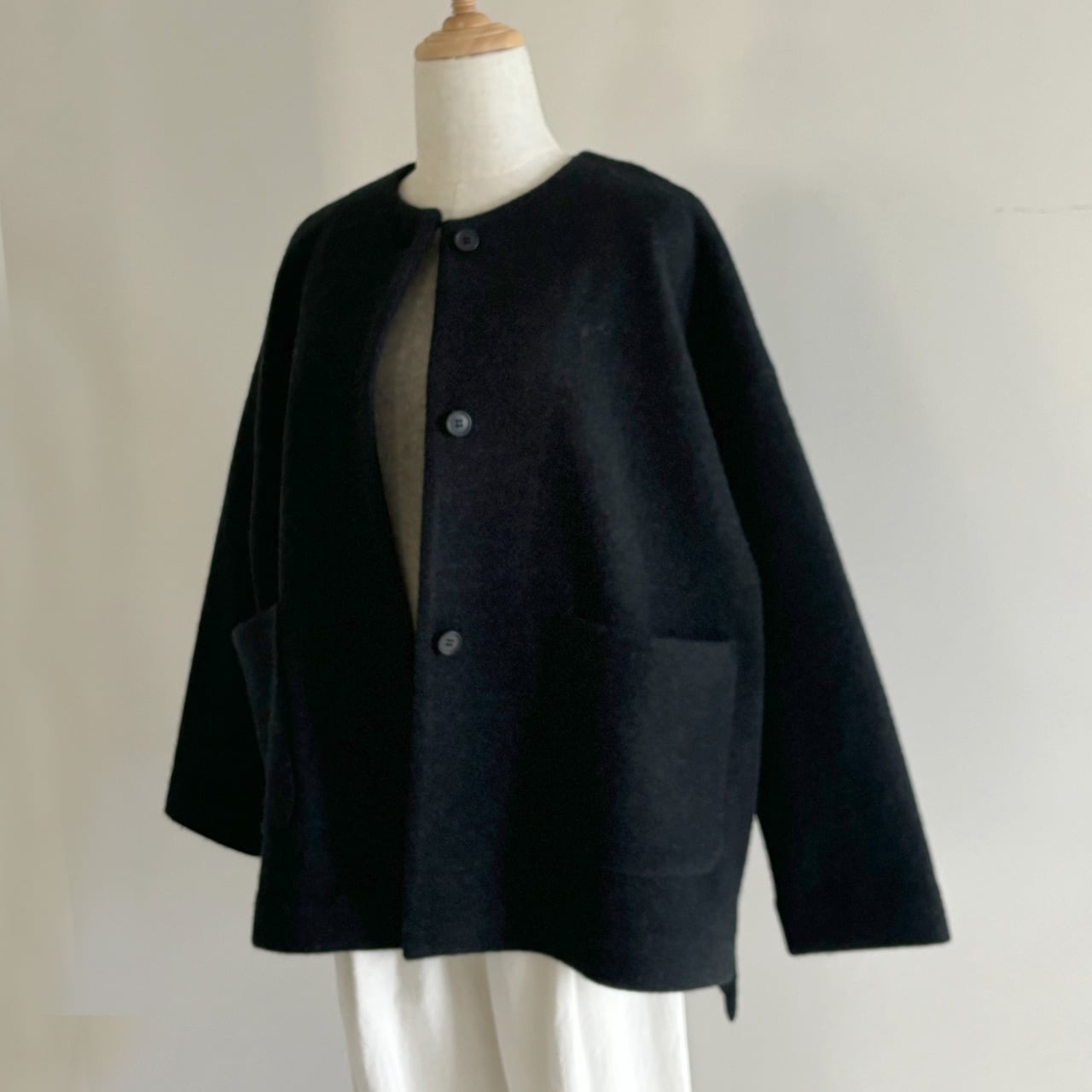 press wool no collar jacket プレスウールノーカラージャケット evam