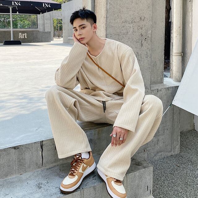 予約販売】メンズ セットアップ 上下 パンツ Vネック 長袖 お洒落 厚手