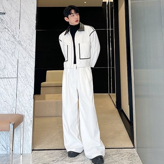 予約販売】メンズ セットアップ 上下 長袖 レザー ブラック ホワイト