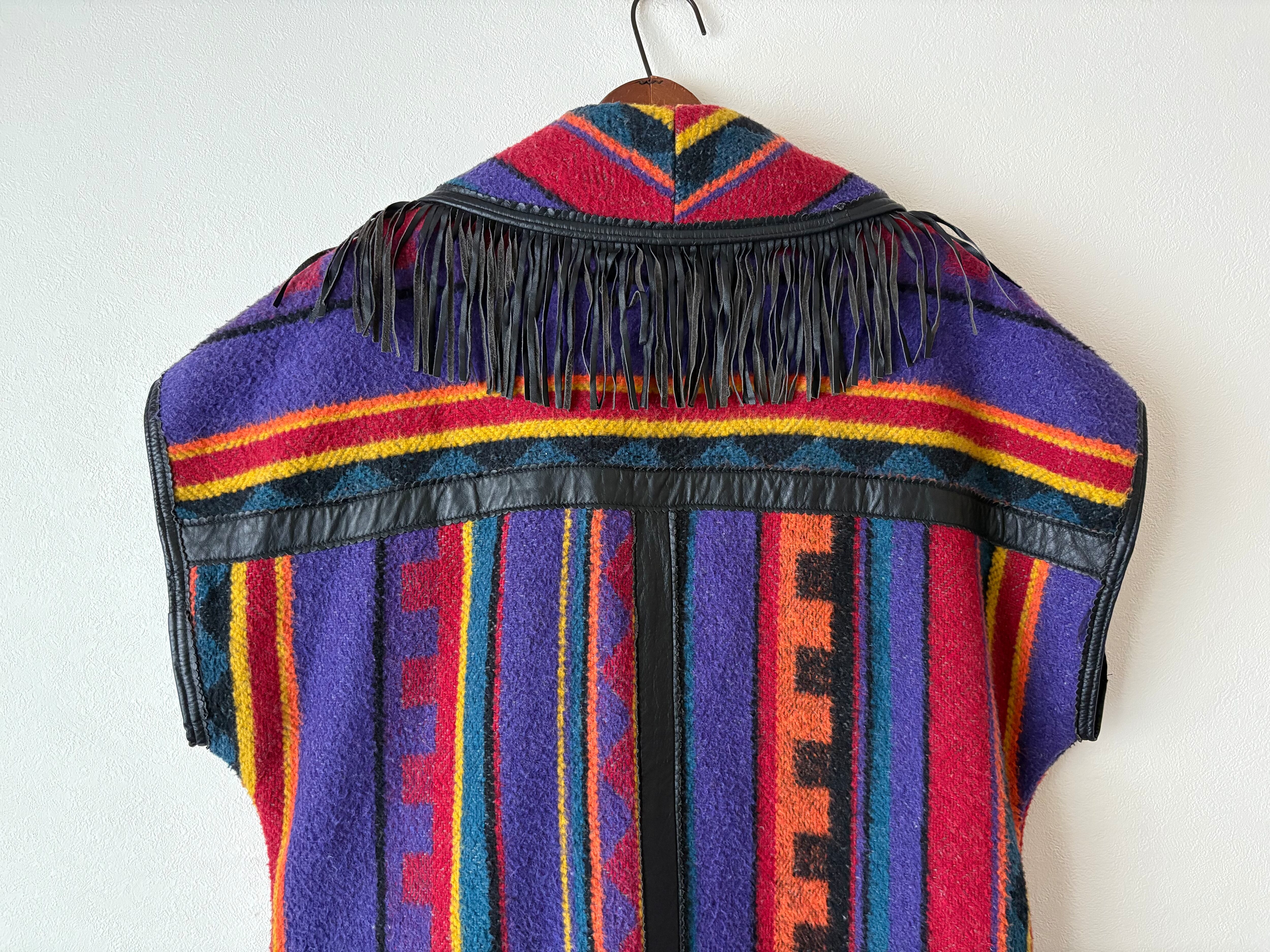 USA製 80s PIONEER WEAR レザーパイピング ネイティブ柄 ベスト | USA