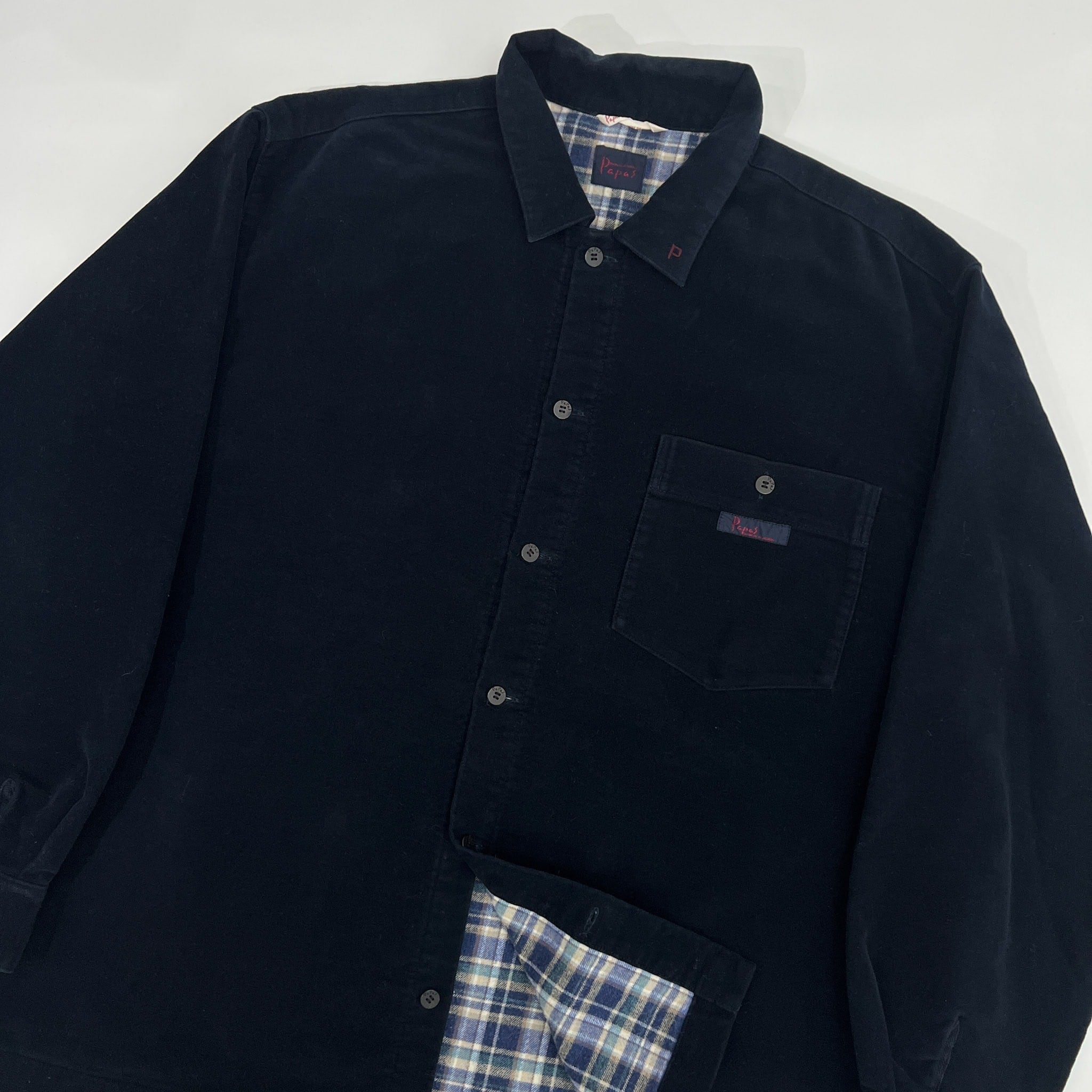PAPAS パパス 裏チェック 起毛 シャツジャケット L/ネイビー/ベロア調
