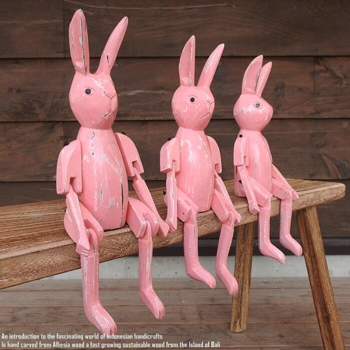 お座り うさぎさん Lサイズ 手足が動かせる木彫りの動物 ウェルカム