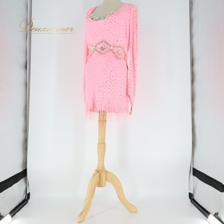 社交ダンス 衣装 ラテン ドレス ワンピース ピンク系 長袖 デモ 競技