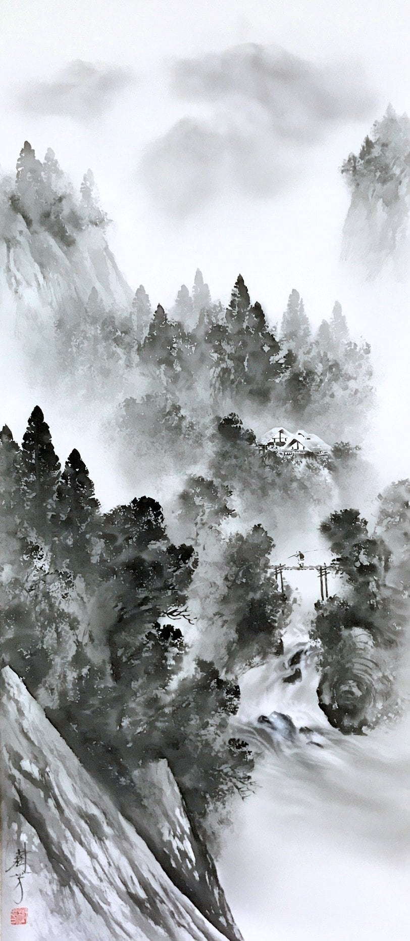 中沢樹芳「水墨山水」掛軸（尺八立） | 吉村唐木店 WEBSHOP